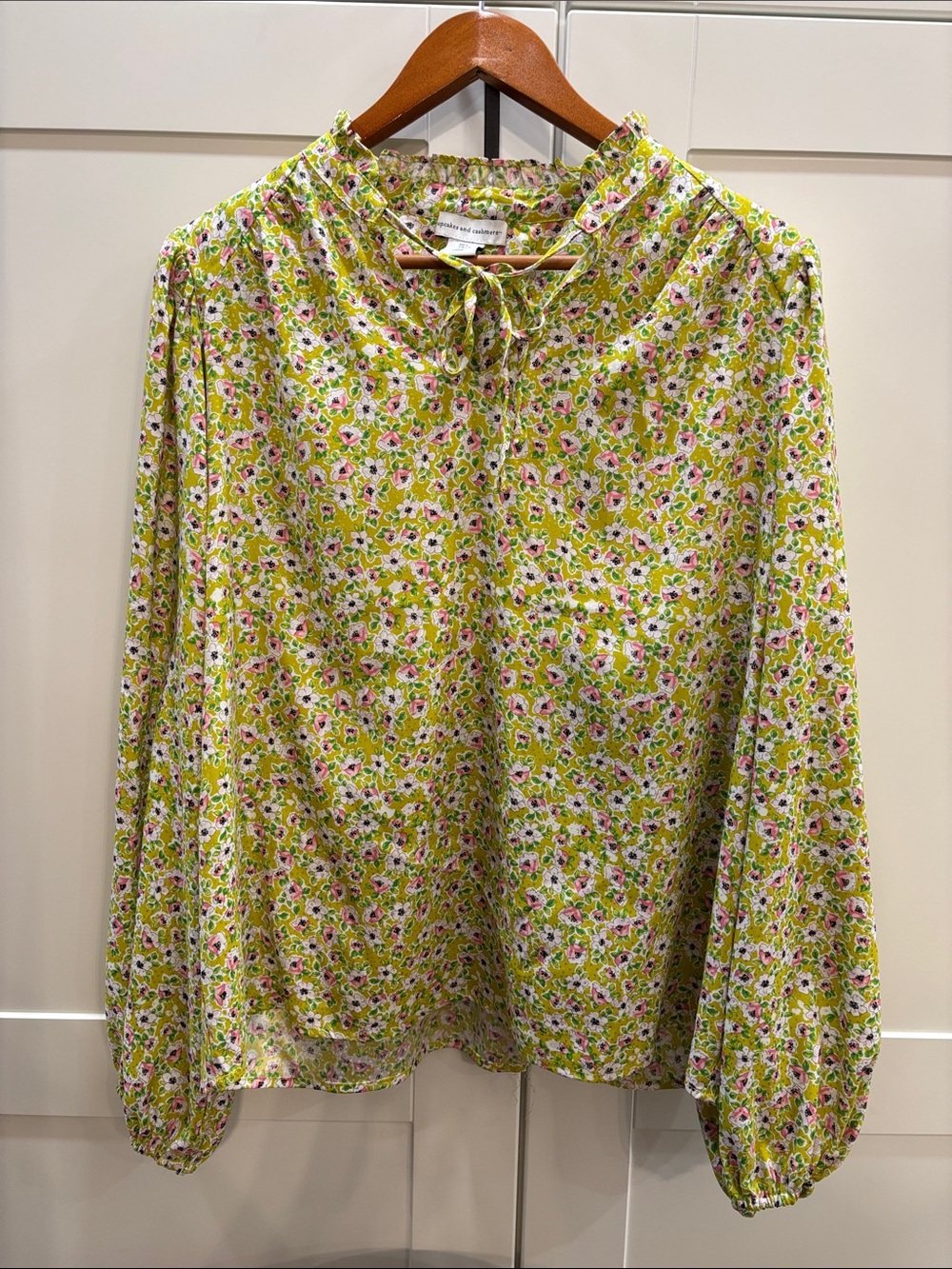 cupcakes & cashmere Lime Floral Tie-Neck Blouse